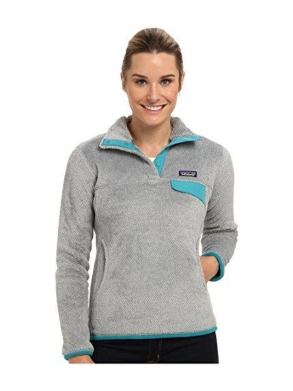 Patagonia Womens Fleece Synchilla Snap-T Grey/Teal Polertek Thermal M Outdoor